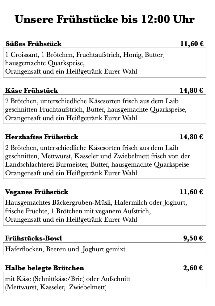 Speisekarte Cafe Bäckergrube
